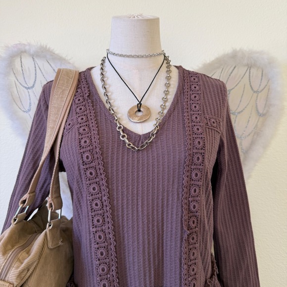 Mori Girl Waffle Knit Peplum Top Purple Mauve Long Sleeve V-Neck Ruffle Babydoll - Picture 2 of 8